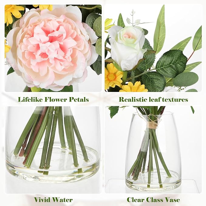 Briful Artificial Flowers in Vase, Mixed White Rose Pink Peony Yellow Daisy and - Image 3