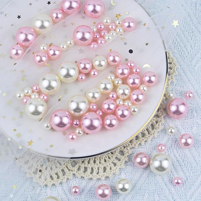 300Pcs Cream&Pink Polished No Hole Faux Pearl Beads - Image 2