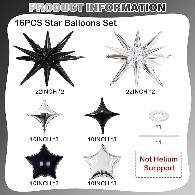 Black and Silver Star Balloons, 22in Large Star Balloons Foil 10in 4-Pointed & - Image 2
