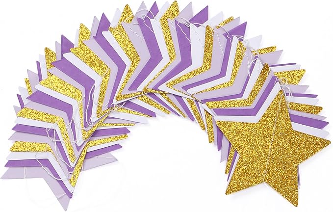 Purple-Lavender White-Gold Party-Decorations Star Garland - 62ft Streamers - Image 3