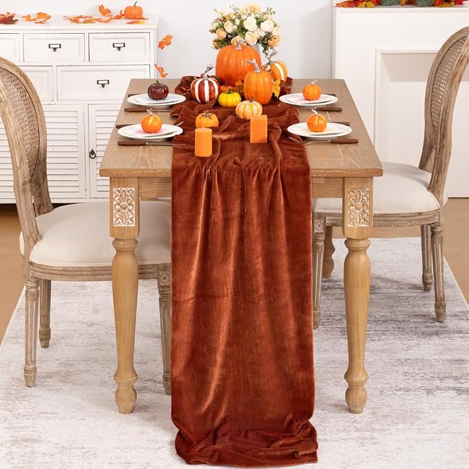 Terracotta Velvet Table Runner 3 Pack Fall Thanksgiving Burnt Orange Table - Image 2