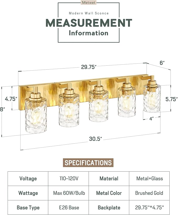 5-Light Bathroom Light Fixtures, 30 Inch Brushed Gold Vanity Lights - Image 2