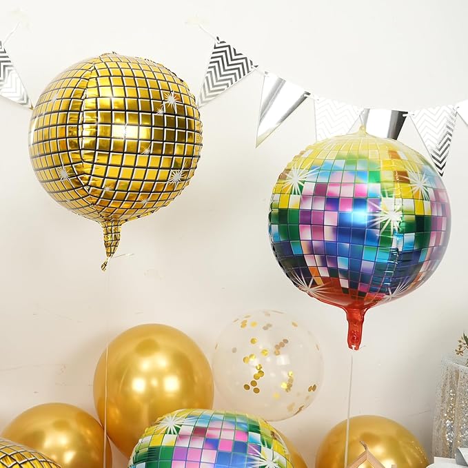Disco Ball Balloons 4PC, Foil Disco Balloons 22 Inch 4D Round Multicolor Balloon - Image 4
