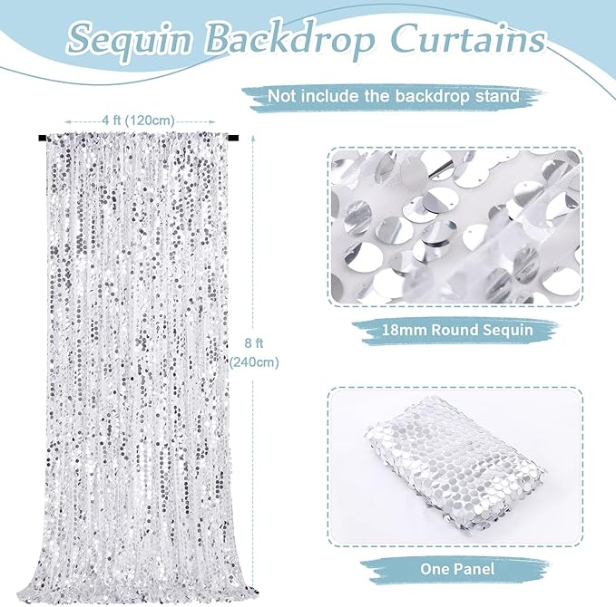 Silver Backdrop Curtain 4ftx8ft Seuin Backdrop Curtains Wedding Reception Cake - Image 5