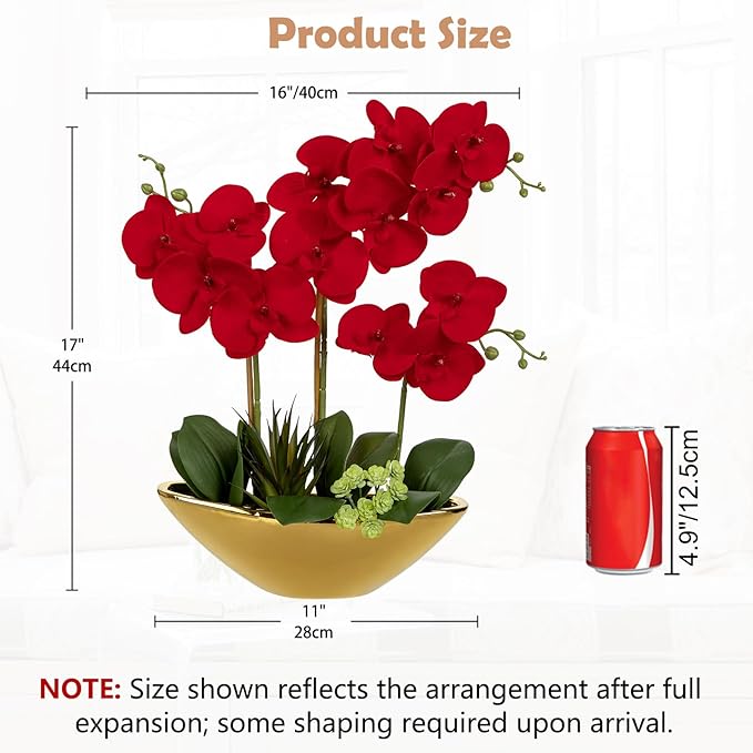 Briful Orchid Artificial Flowers 17in Red Fake Orchid Silk Flowers in Gold - Image 2