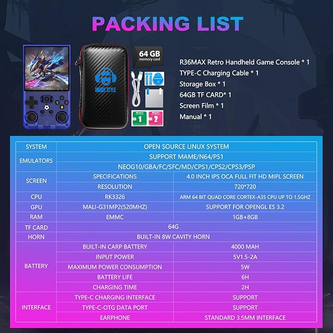 R36MAX Retro Handheld Game Console, 4.0 Inch 720x720 IPS Screen, Built-in 18 - Image 9