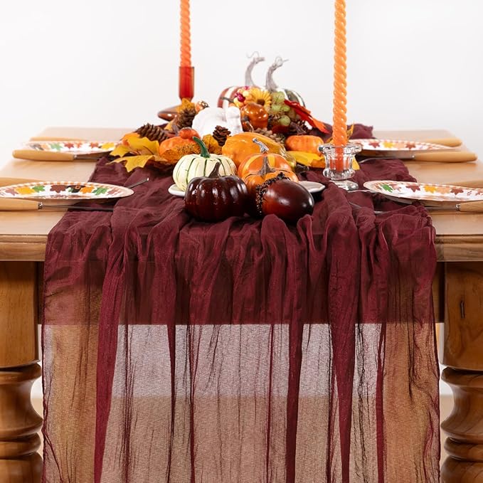 Burgundy Red Cheesecloth Table Runner 4 Pack Fall Table Runners Boho Gauze 120 - Image 2