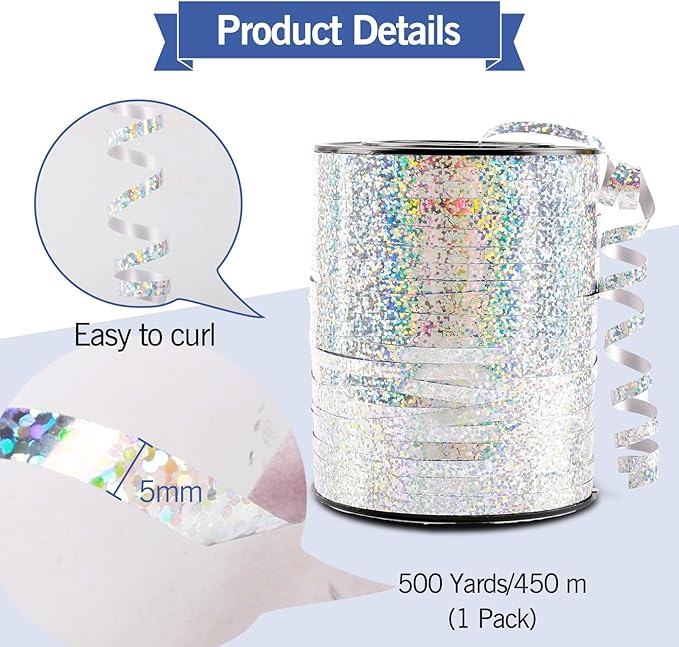 500 Yard Silver Curling Ribbon, 3/16" Christmas Shiny Curly Ribbons - Image 4