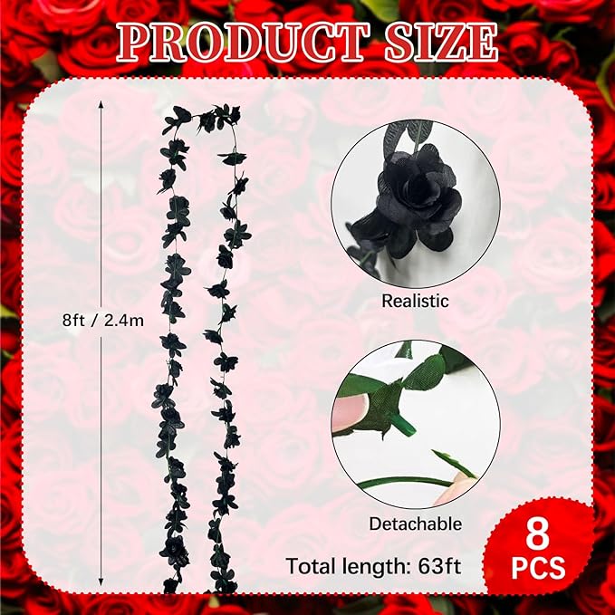 8Pcs 63Ft Black Rose Garland, Fake Rose Hanging Flowers, Artificial Flower Vine - Image 2