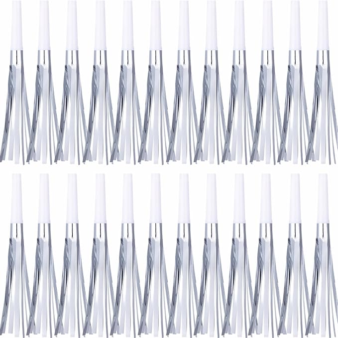 24 Pcs Silver Noise Makers Glitter Metallic Fringed Noise Makers Horns by LCPQMZGH