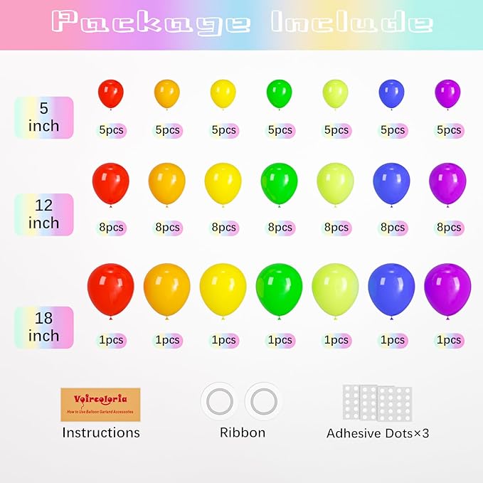 98pack Rainbow Balloons Different Size 18/12/10/5 Inch Rainbow Colorful Balloon - Image 2