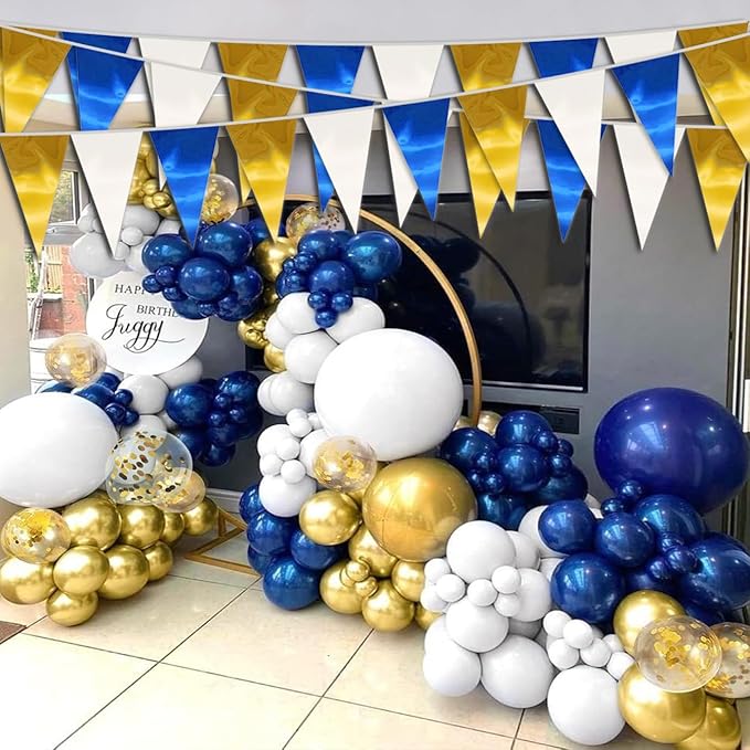 65FT Navy-Blue White Gold Triangle Pennant Banner Flag Metallic Fabric Bunting - Image 5