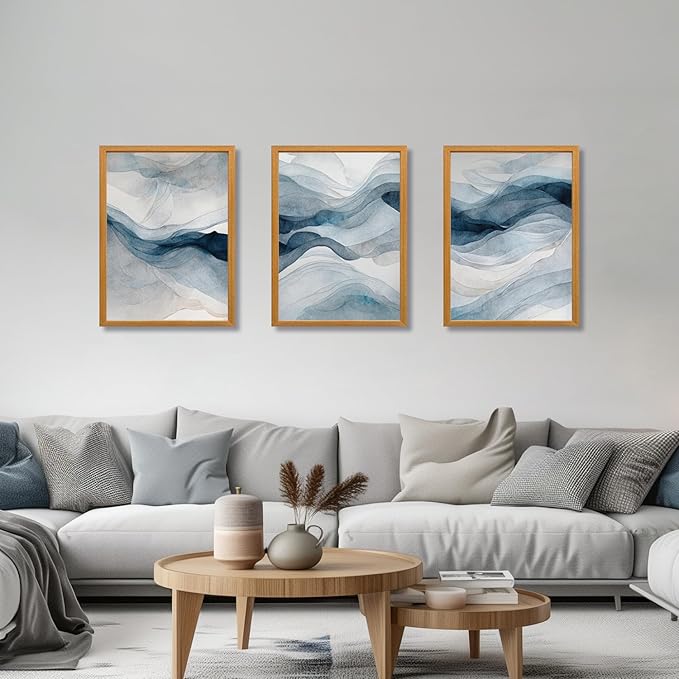 IAFWZX Wood Framed Blue Gray Abstract Wall Art, Modern Minimalist Waves Wall - Image 2