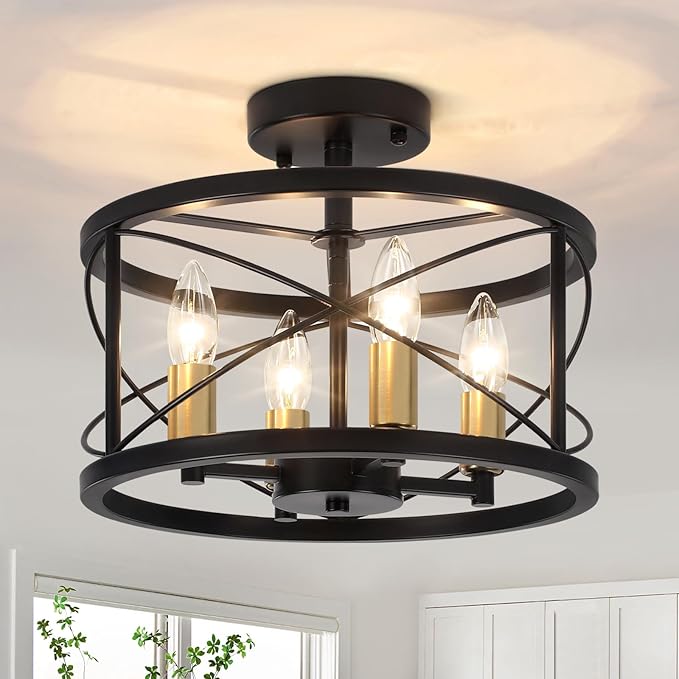 Black and Brushed Gold Semi Flush Mount Ceiling Light, Farmhouse Modern Light by YSDLighting