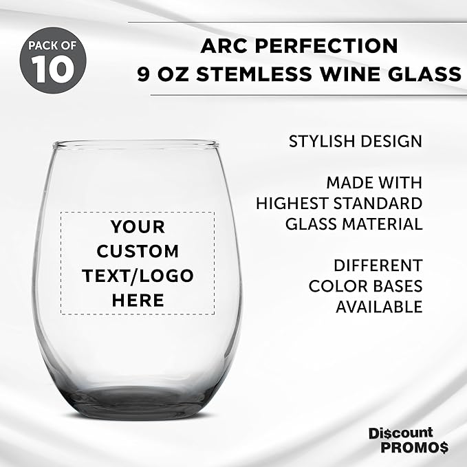 DISCOUNT PROMOS Custom Stemless Wine Glass 9 oz. Set of 10, Personalized Bulk - Image 3