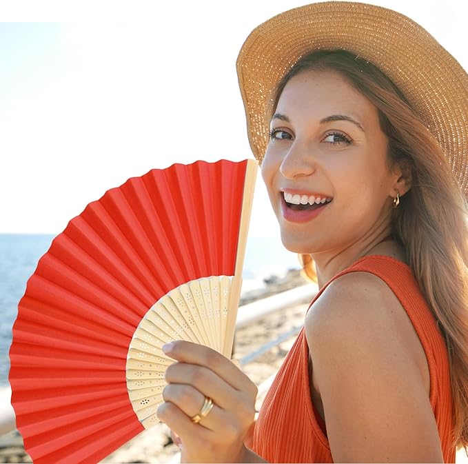 6 Pieces Red Hand Held Bamboo Folding Fans Foldable Paper Fans Handheld - Image 7