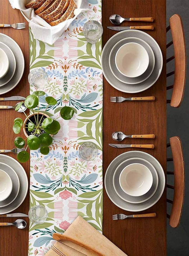 Green Blue Pink Boho Floral Cotton Linen Table Runner - Image 5