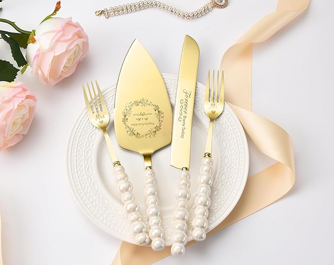 Wedding Cake Knife and Server Set, Ceramic Pearl Handle Wedding Cake Cutting Set - Image 6