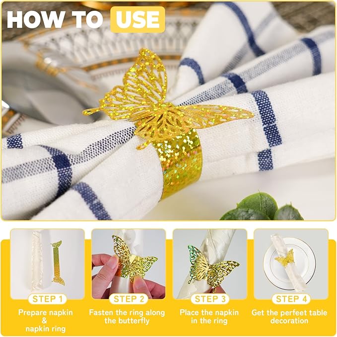 100 Pcs 3D Gold Butterfly Iridescent Napkin Rings Silverware Wraps Bands - Image 3