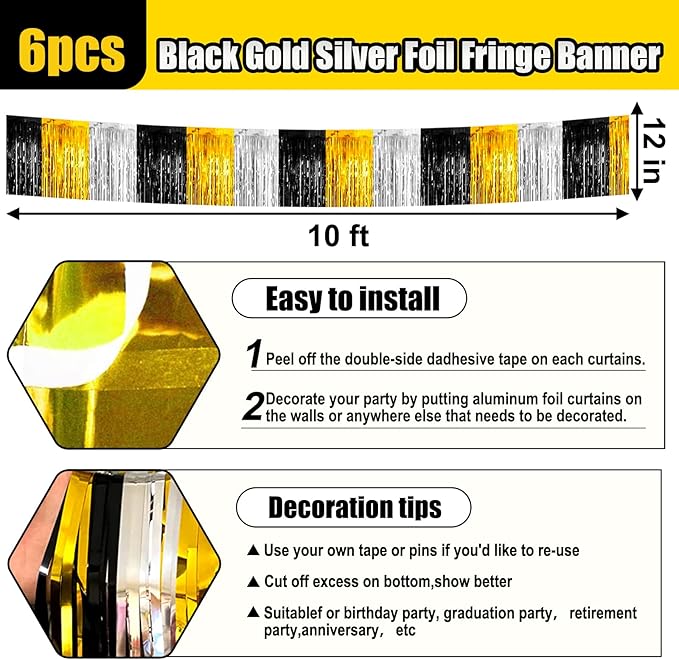 6 Pack 10 Feet Black Gold Silver Foil Fringe Garland Metallic Tinsel Streamers - Image 2