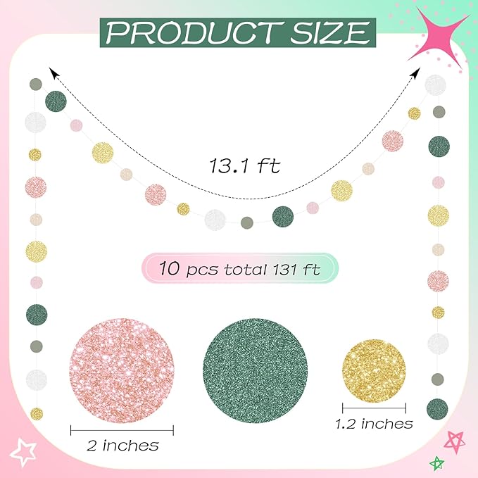 Outus 10 Pieces Colorful Dots Paper Garland Round Glitter Garland Hanging - Image 2