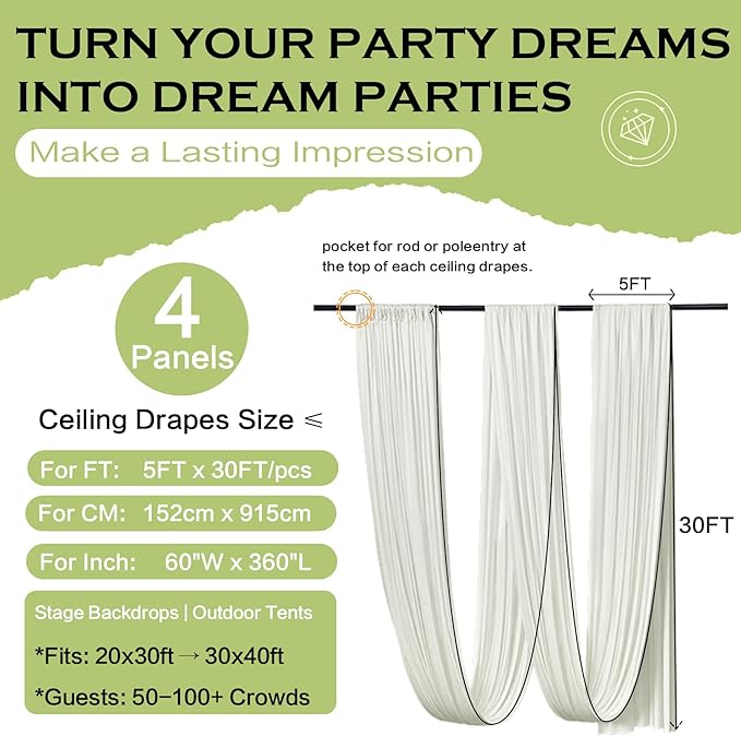 PartyVillage 4 Panels 5ftx30ft Ivory Ceiling Drapes - Image 7