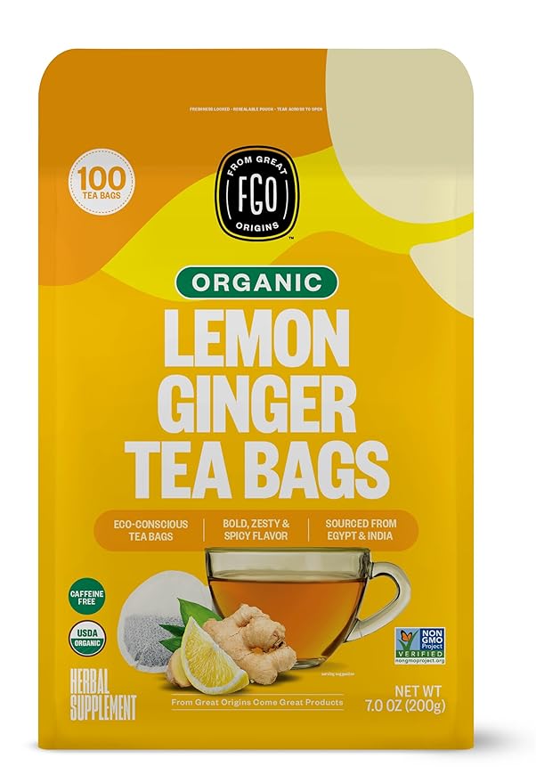 FGO Organic Lemon Ginger Tea, Eco-Conscious Tea Bags, Resealable Bag, Caffeine by FGO