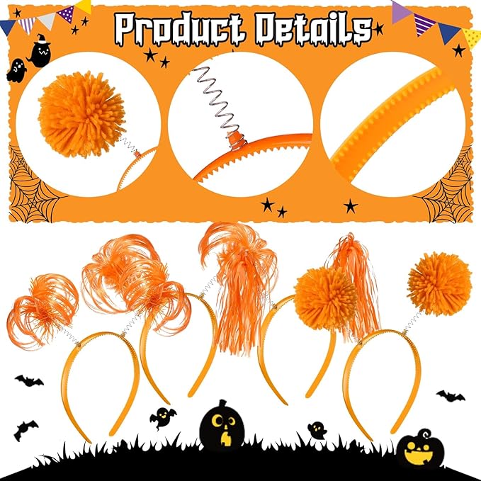 Censen 12 Pcs Halloween Pom Pom Party Headbands Tinsel Ponytails Spirit Head - Image 3