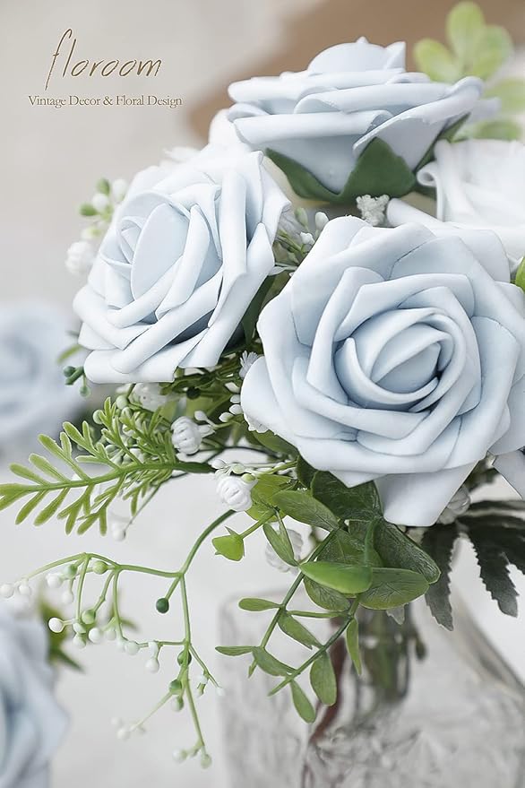 Floroom Artificial Flowers 50pcs Real Looking Powder Blue Foam Fake Roses - Image 3