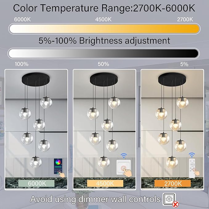 H 87in Modern Glass Globe Chandelier 6-Lights Glass Pendant Light - Image 4