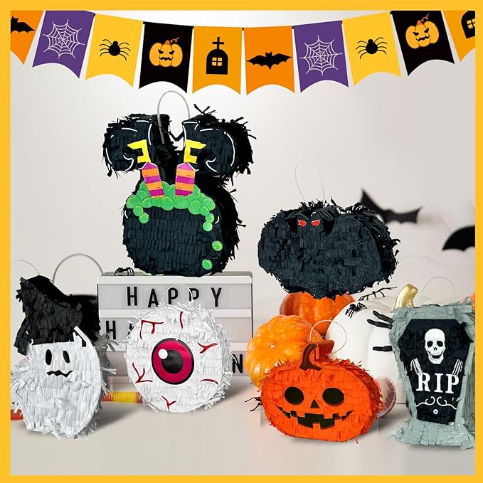 6 Pcs Halloween Piñata Set Small Pumpkin Ghost Tombstone Bat Eyeball Witch Jar - Image 6