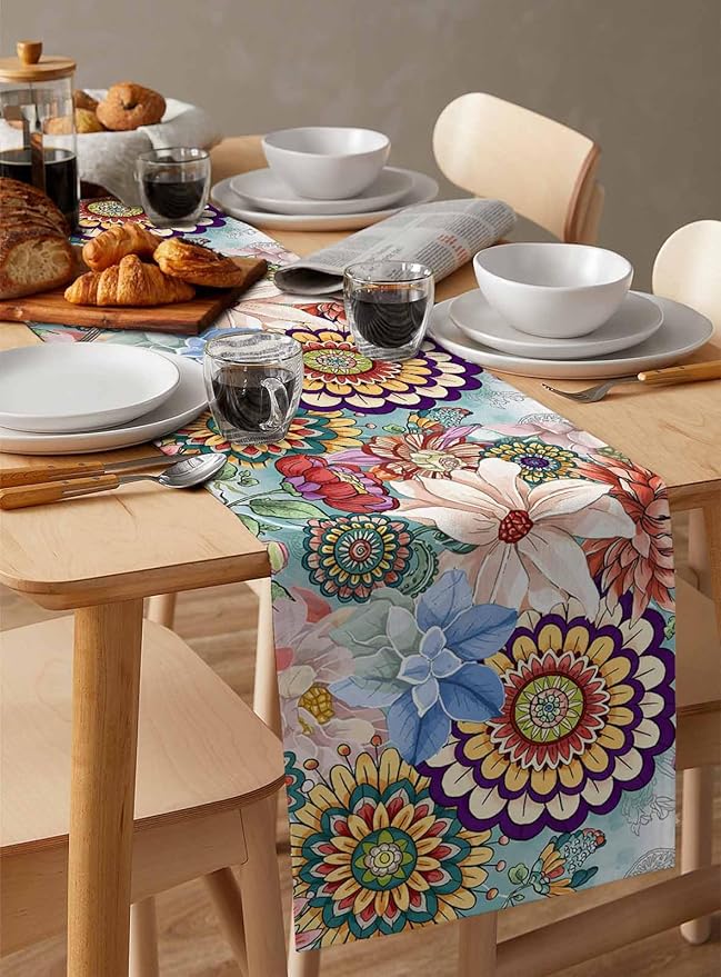 Boho Flowers Cotton Linen Table Runner - Image 3