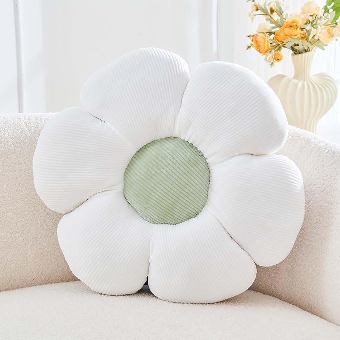 White Flower Pillow, 19.6" Cute Flower Shaped Floor Pillow, Aesthetic Floral by Kcvvcr