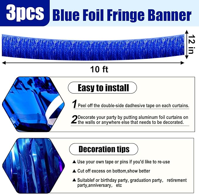 3 Pack 10 Long Blue Metallic Foil Fringe Garland Wall Hanging Tassle Banner - Image 2