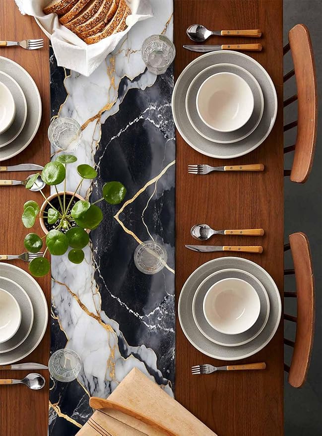 Black White Marble Cotton Linen Table Runner - Image 5