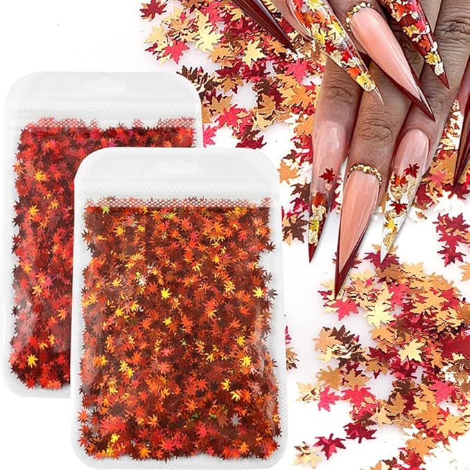 Maple Leaf Shape Glitter Fall Nail Art Sequins, 3D Metallic Red God Orange by HANSAMU