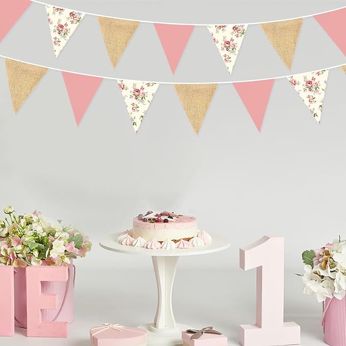 32Ft Flora Party Decorations Blush Rose Pink Burlap Flora Triangle Flag Fabric - Image 3