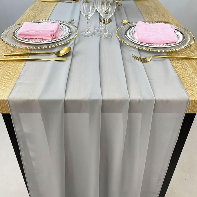 EHLDekol 13ft Light Grey Chiffon Table Runners, 29x156 Inches Romantic and - Image 3