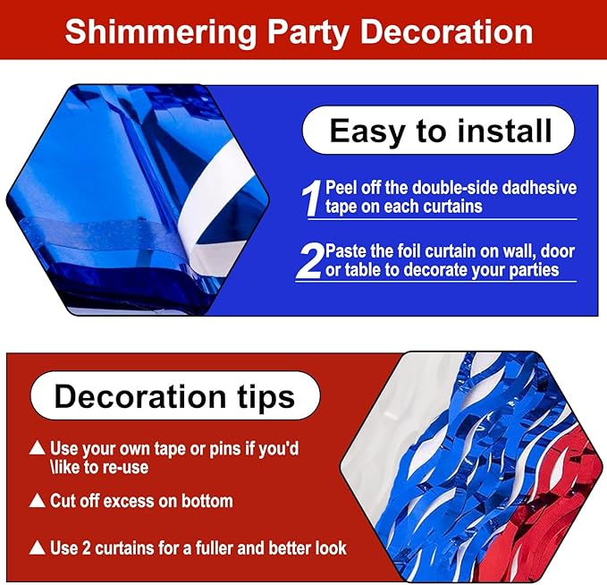 4 Pack White Blue Red Wave Foil Fringe Curtain Backdrop, 3.28Ft x 8.2Ft - Image 3