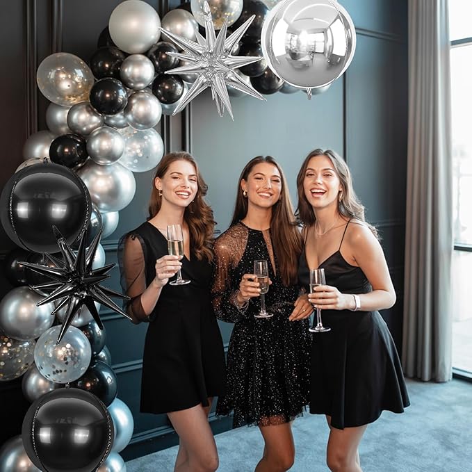 6Pcs Black Silver Foil Balloons, 22Inch Black Silver 4D Round Ball Balloon and - Image 6