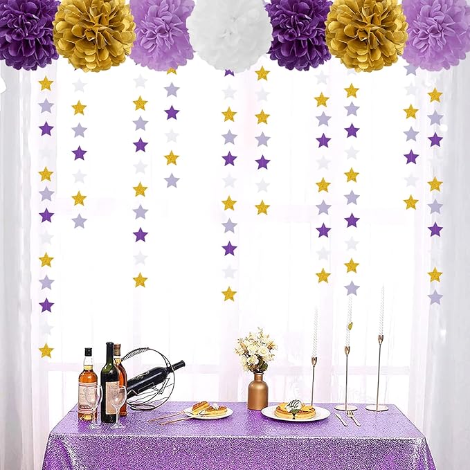 Purple-Lavender White-Gold Party-Decorations Star Garland - 62ft Streamers - Image 4