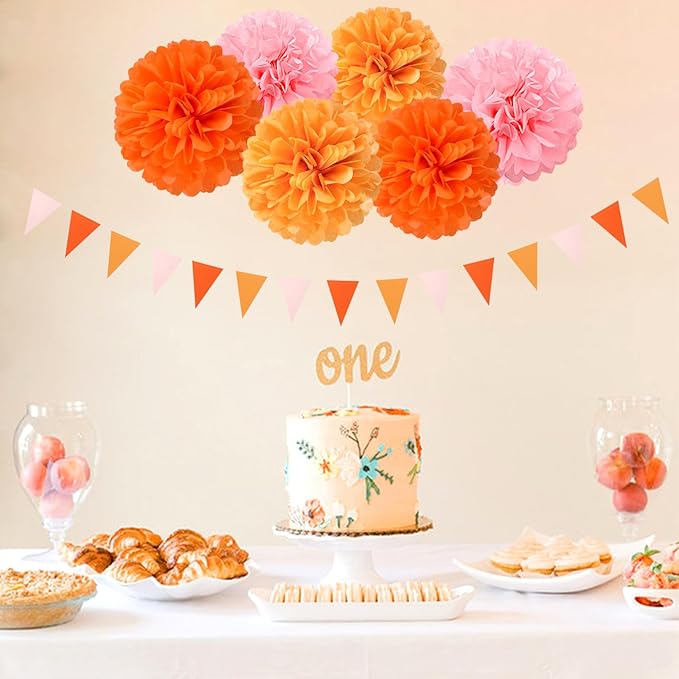 Pink-Orange Groovy Party-Decorations Pom-Poms Streamers - Image 5
