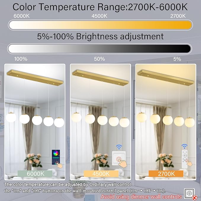5-Lights Globe Pendant Light for Kitchen Island H 98" Gold Rectangle Chandelier - Image 3