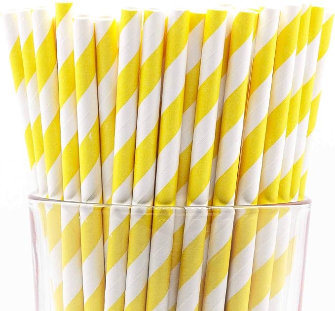 Pack of 150 Yellow Swirls Biodegradable 4-Ply Paper Drinking Straws by Stephanie+Imports