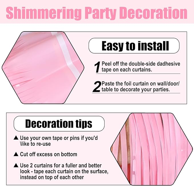 6 Pack Macaron Pink Foil Fringe Curtain Backdrop, 3.28Ft x 8.2Ft Metallic - Image 3