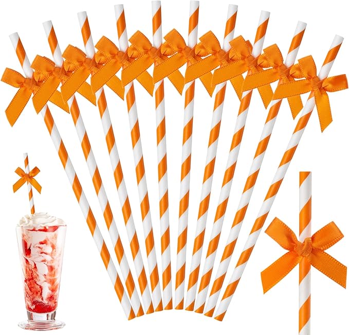50 Pcs Fall Orange Paper Bow Straws by Potchen