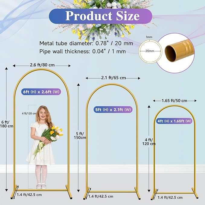 Hemmotop Metal Arch Backdrop Stand Set of 3, 6 ft/ 5 ft/ 4 ft Party Arch Stands - Image 2