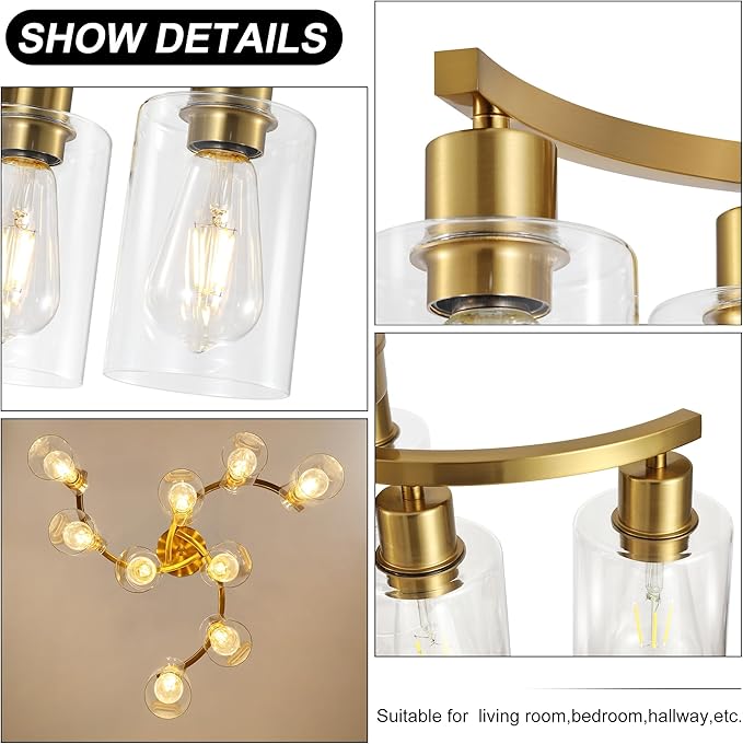 9-Light Gold Glass Chandelier, Adjustable Height Dining Room Light Fixtures - Image 7