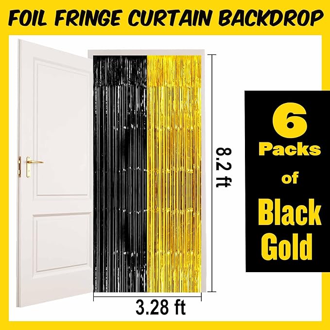 6 Pack Black and Gold Foil Fringe Curtains Backdrop, 3.28 x 8.2 Ft Metallic - Image 2