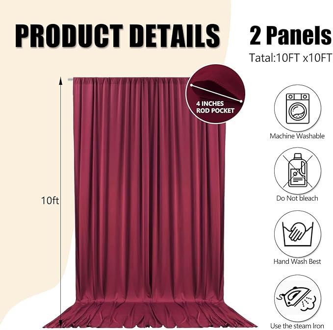 10ft x 10ft Burgundy Backdrop Curtains - Image 2